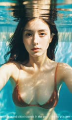 a woman in a red bikini stands in the pool . 