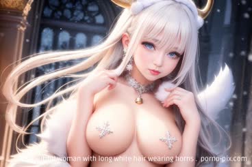 a beautiful woman with long white hair wearing horns . 
