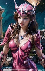a woman in a pink outfit and chain around her neck . 