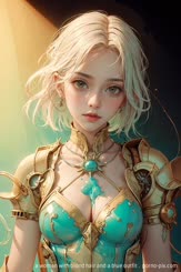a woman with blond hair and a blue outfit . 