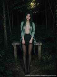 A woman sitting on a bench in the woods.