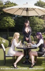 three women are sitting at a table with a wine glass . 
