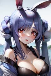 a beautiful anime girl with purple hair and red eyes