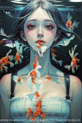 a painting of a woman with a bunch of goldfish in her mouth 