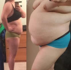 Before and after picture of woman with large breasts, green and blue underwear, and a black and white picture of the same woman with a smaller midriff and no breasts