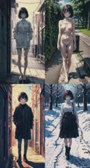 a woman in four different outfits is standing in the snow . 