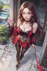 a woman with long hair wearing a red dress
