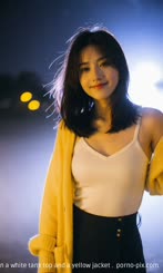 a woman in a white tank top and a yellow jacket . 