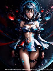 a woman with a large body is wearing a blue and black outfit . 