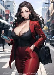 a beautiful woman in a red suit holding a cell phone . 