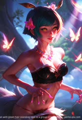 a beautiful woman with green hair standing next to a group of butterflies . 