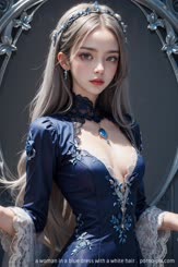 a woman in a blue dress with a white hair . 