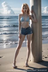 a beautiful young woman standing on a beach . 