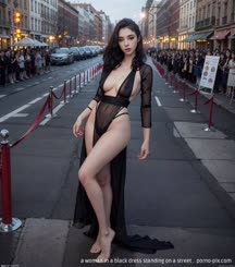 a woman in a black dress standing on a street . 