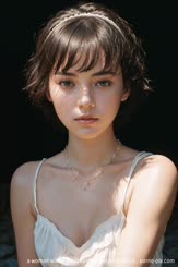 a woman with a short haircut and a necklace . 