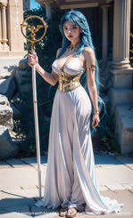 a woman with blue hair and a long white dress . 