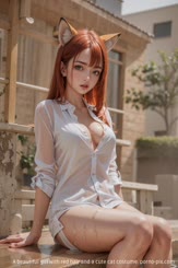 A beautiful girl with red hair and a cute cat costume.