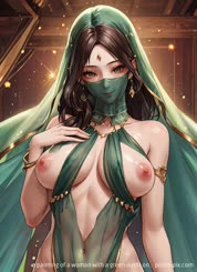 a painting of a woman with a green outfit on . 