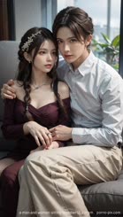 a man and woman sitting together in a room . 