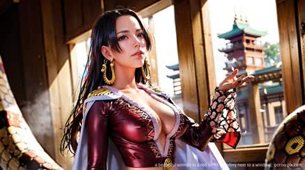 a beautiful woman in a red outfit standing next to a window . 