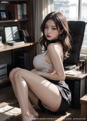 a beautiful woman sitting on a chair near a desk . 