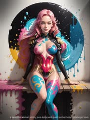 a beautiful woman sitting on a ledge with paint on her body . 