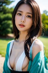 a Japanese girl with very large breasts in a park setting.
