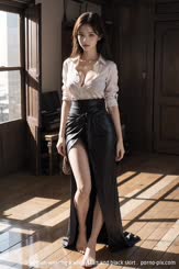 a woman wearing a white shirt and black skirt . 