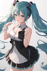 a woman with long blue hair and a dress