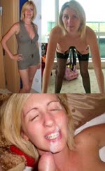 Blonde girl with a big smile getting a blow job