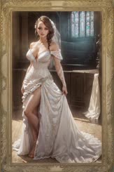 a woman wearing a wedding dress in a room