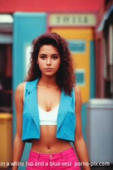 a woman in a white top and a blue vest 