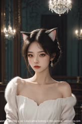 a woman wearing a cat 's ears while looking at the camera . 