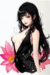 a woman in a black dress standing next to a pink flower . 