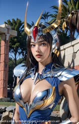 a woman with a silver helmet on standing in front of a brick wall . 