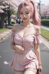 a woman in a pink dress standing on a sidewalk