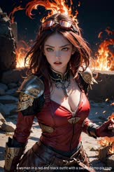 a woman in a red and black outfit with a sword 