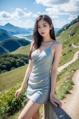 a woman in a gray dress standing on a wooden fence