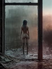 a naked woman standing in a dirty room