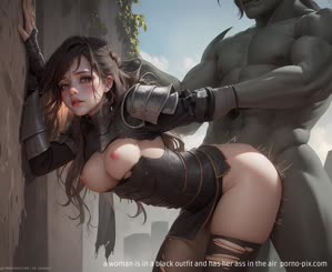 a woman is in a black outfit and has her ass in the air 