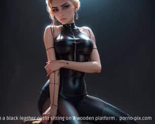 a woman in a black leather outfit sitting on a wooden platform . 