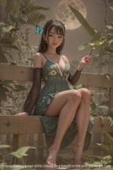 A beautiful girl with long flowing green dress sitting on a bench in the rain.