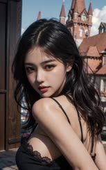a beautiful woman with long black hair and green eyes
