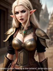 a woman in a fantasy outfit is looking at the camera . 