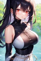 a woman in a black dress standing next to a body of water