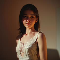 a woman in a white dress in the sunlight