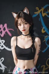 a woman with a cat 's ear and some tattoos . 