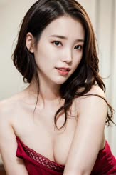 a woman with long dark hair and a red dress