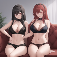 two pervert women sitting on casting couch ready to get fucked for hardcore porn ultra detailed 