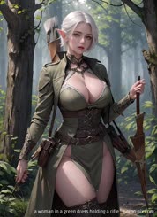 a woman in a green dress holding a rifle . 